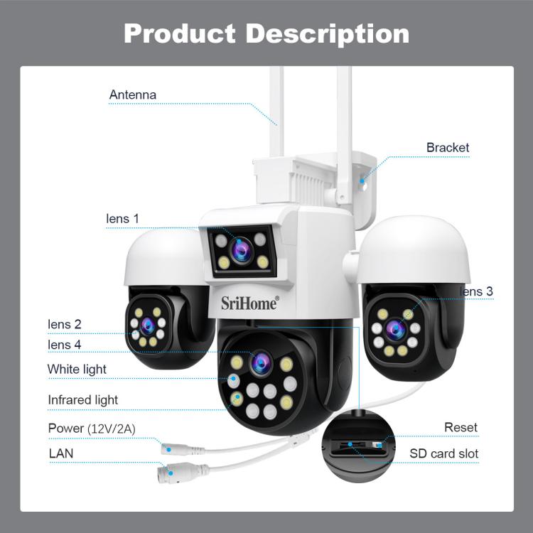 SriHome SH069 8MP 3X Digital Zoom HD Quad-lens Security Camera SriHome SH069 8MP 3X Digital Zoom HD Quad-lens Security Camera